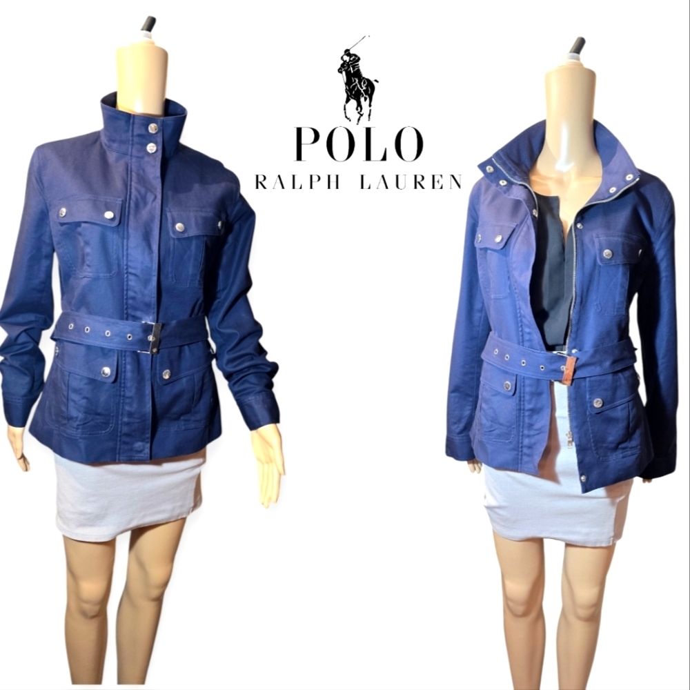 Lauren Ralph Lauren Navy Blue Cotton Safari Military Zip Snap Pockets Jacke